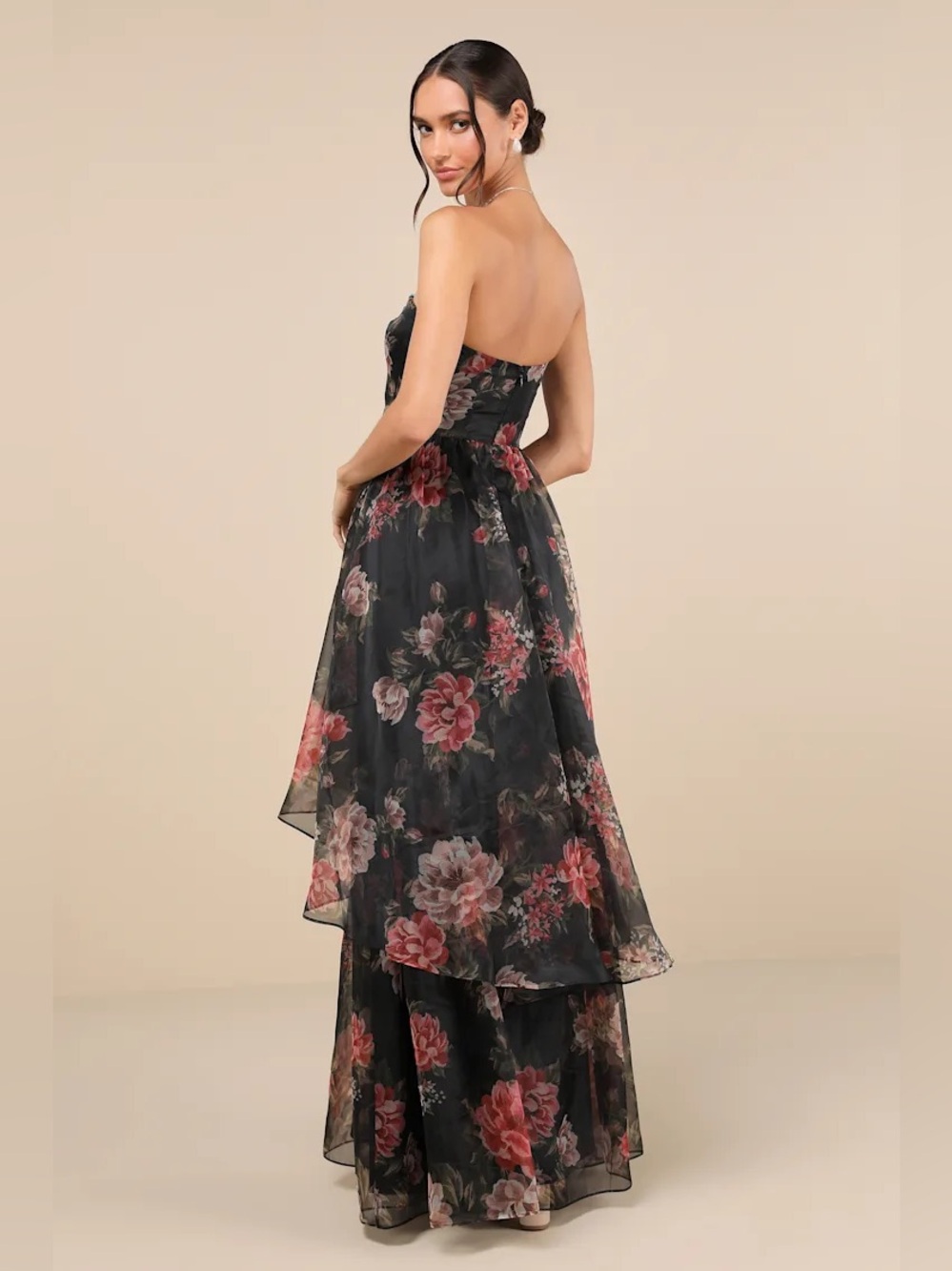 Lulus Truly Extraordinary Black Floral Organza Strapless Maxi Dress Size XS NWT - Picture 2 of 11
